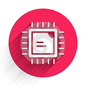 White Computer processor with microcircuits CPU icon isolated with long shadow background. Chip or cpu with circuit
