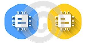 White Computer processor with microcircuits CPU icon isolated with long shadow background. Chip or cpu with circuit