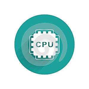 White Computer processor with microcircuits CPU icon isolated with long shadow background. Chip or cpu with circuit