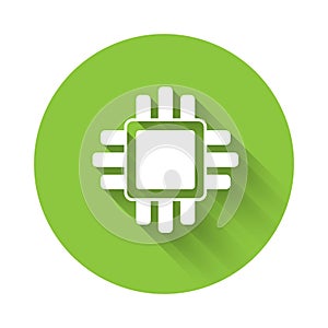 White Computer processor with microcircuits CPU icon isolated with long shadow. Chip or cpu with circuit board. Micro