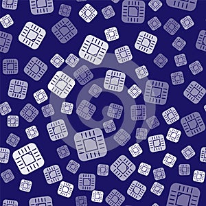 White Computer processor with microcircuits CPU icon isolated seamless pattern on blue background. Chip or cpu with