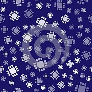 White Computer processor with microcircuits CPU icon isolated seamless pattern on blue background. Chip or cpu with