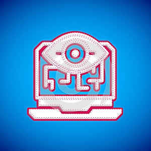 White Computer vision icon isolated on blue background. Technical vision, eye circuit, video surveillance system