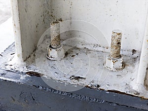 White Concrete Sill Anchor Bolt on Concrete Foundation. Two Concrete Bolts for Fixing Supported Connection Between Base Floor photo