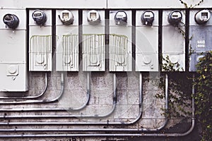 White concrete wall with eight electrical metric meters near green plants