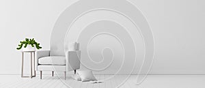 White concrete wall with white modern furniture, minimal interior design, 3d render