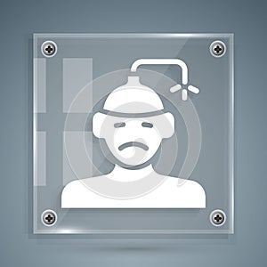 White Concussion, headache, dizziness, migraine icon isolated on grey background. Square glass panels. Vector