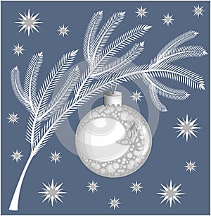 White coniferous Christmas-tree branch on a blue background with a Christmas-tree toy in the form of a ball with the image of the