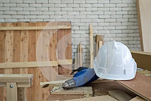 The white construction helmet were left aside during lunch time brake