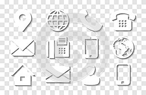 White Contact Info Icon Set with Shadows for Location Pin, Phone, Fax, Cellphone, Person and Email Icons