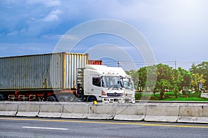 White container truck on highway road , transportation concept