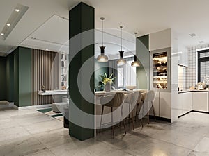 A white contemporary kitchen with glossy paneling and green and white walls with a wine rack and built-in appliances