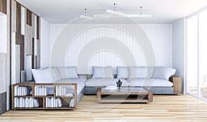 White contemporary living room interior with empty wall