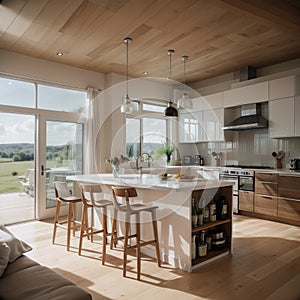 White cooking interior with bar chairs and countertop hardwood floor Cupboard and kitchenware on deck Modern kitchen with