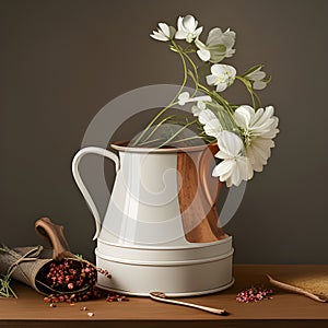 White and copper jug on a shelf comntaining white flowers