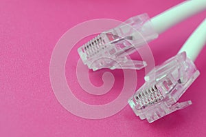 White cord with connector rj45 on a bright pink background. network ethernet plugs