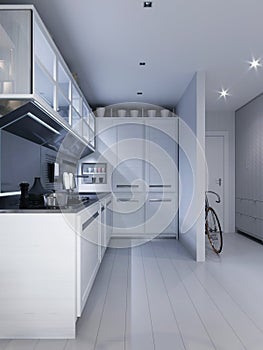 White corner kitchen in contemporary design with modern technological furniture