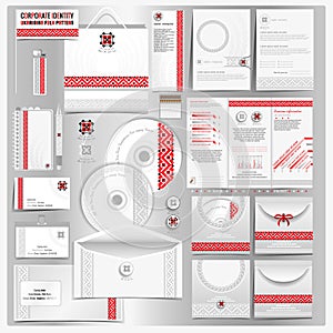 White corporate identity template with Ukrainian folk embroidery pattern