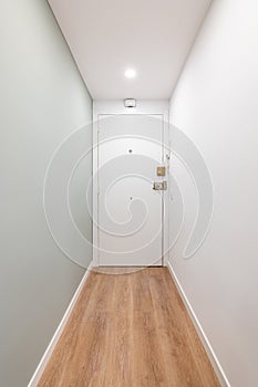 White corridor with entrances to a bright room and doors in an empty apartment before moving or after renovation