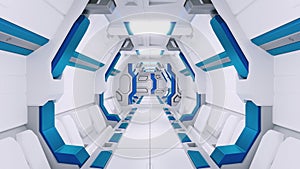 White Corridor of a spaceship with blue decor. sci-fi spacecraft 3d illustartions.