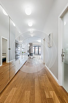 White corridor with wooden floor