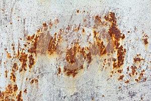 White corroded metal background. Rusty and scratched painted metal wall. Rusty metal background with streaks of rust