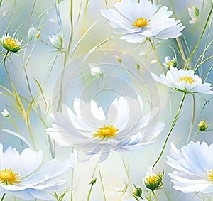 white cosmea flowers, watercolor