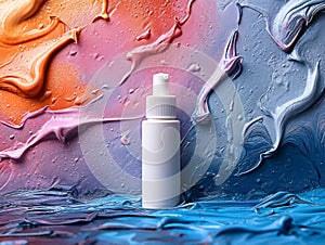 white cosmetic bottle skincare on pastel colors creme background texture. Women's cosmetics skincare