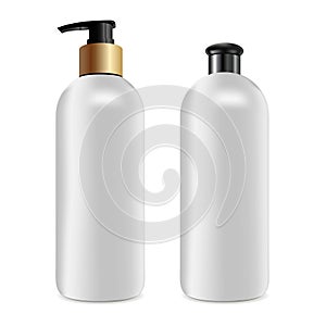 White Cosmetic bottles mock up vector illustration. Set of shampoo, soap or foam, and gel care products