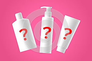 White cosmetic bottles and red question marks