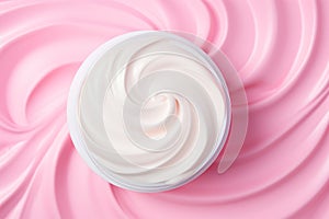 White cosmetic cream jar, top view and pink wavy surface. Skin care product presentation. Skincare, beauty. Face creme