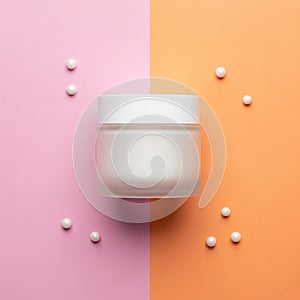 Centrally placed on a split-background with pink on the left