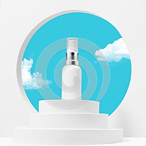 White cosmetic product over a platform against a blue sky