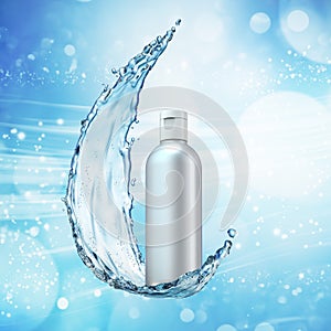 White cosmetic products with water splash on cyan background.