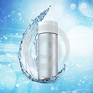 White cosmetic products with water splash on cyan background. photo