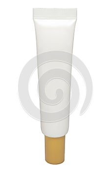 White cosmetic tube with golden lid for cream Beauty product package template isolated on white background with clipping path