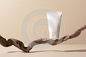 White cosmetic tube on a wooden branch podium for mock-up