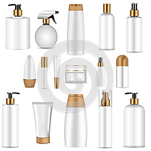 White cosmetics bottle set gold top. Realistic 3d