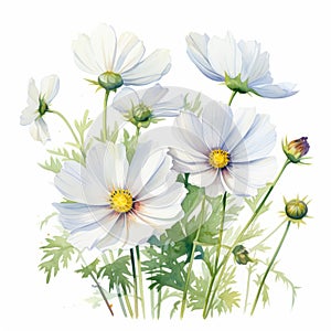 White Cosmos Flower Watercolor Illustration For Poster