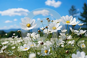 White cosmos flowers blooming in the meadow with blue sky background