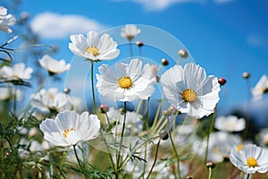 White cosmos flowers blooming in the meadow with blue sky background