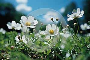 White cosmos flowers blooming in the meadow with blue sky background