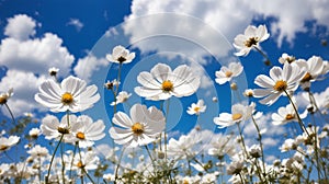 White Cosmos Flowers Blue Sky