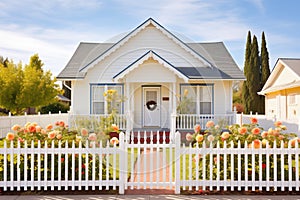 white cottage with a picket fence and climbing roses