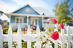 white cottage with a picket fence and climbing roses