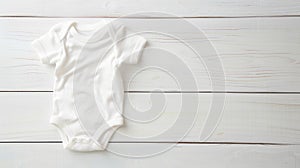 White cotton baby short sleeve bodysuit displayed on white wooden backdrop. Ai Generated