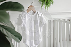 White cotton baby short sleeve bodysuit hanging on hanger with baby room interior background. Blank infant onesie mockup