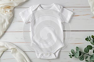 White cotton baby short sleeve bodysuit on white wooden background. Infant onesie mockup. Blank gender neutral newborn