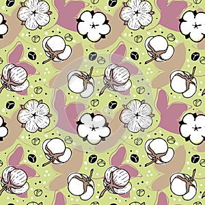 White cotton flowers on pistachio background vector seamless pattern photo