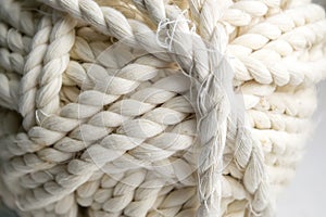 White cotton rope. Wound rope. Close-up of a cotton rope.